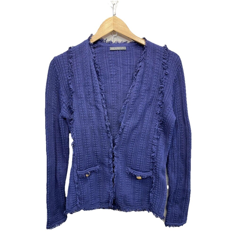 Alashan Cotton Cashmere Cardigan Small Sapphire Blue Fringe Boho Hook Eye - Picture 8 of 13